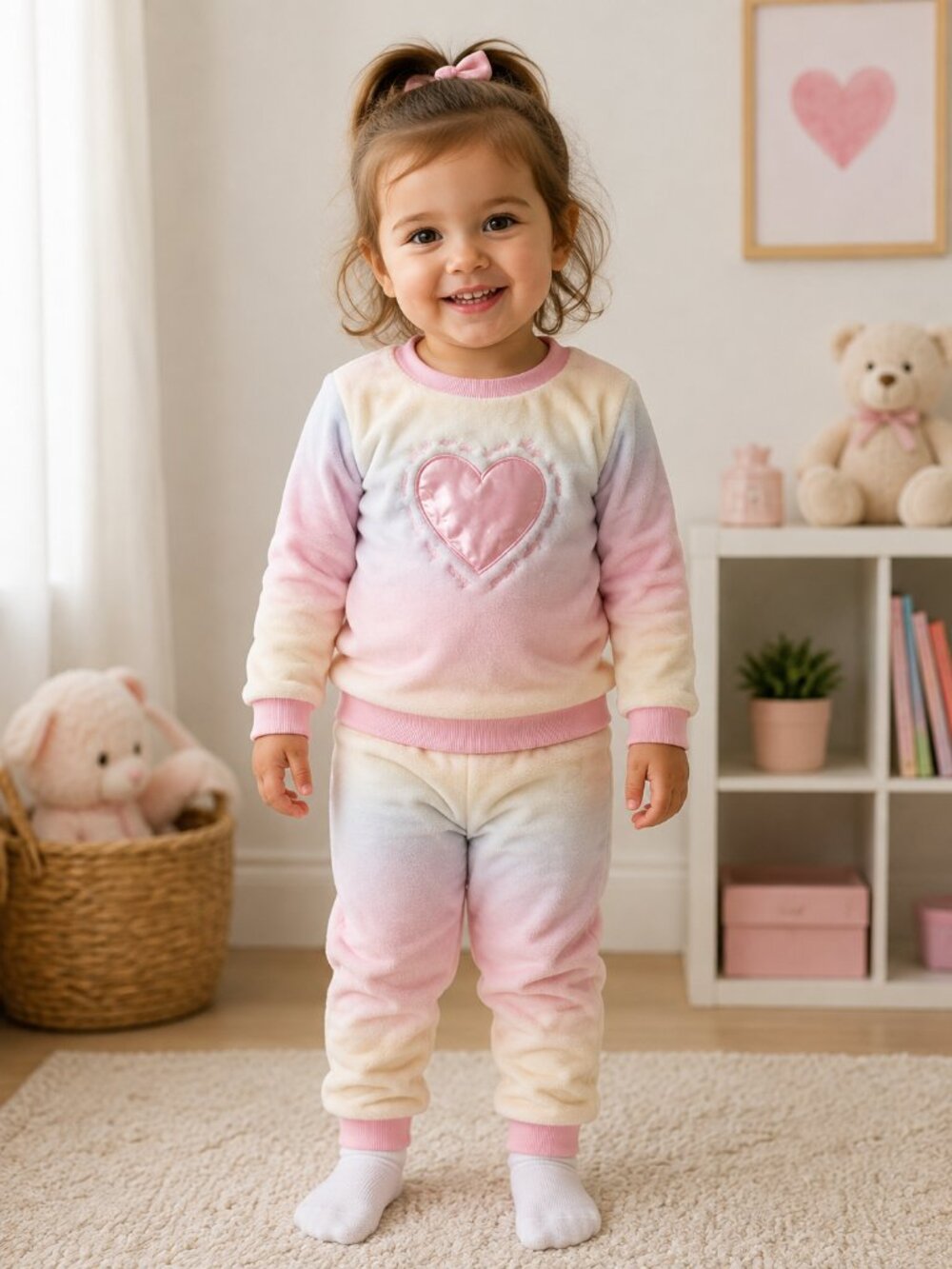 Toddler Girls' Pastel Rainbow Fleece 2-Piece Crewneck & Jogger Set – 24 Months